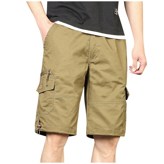 USNSM Men's Casual Baggy Cotton Pant with Cargo Pockets Loose Capris Solid Colour Short Pant Outdoor Athletic Overalls Yellow L