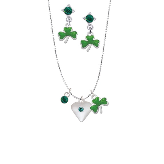 Delight Jewelry Silvertone Large December - Teal Crystal Heart Green Shamrock Necklace and Clover Earrings Jewelry Set