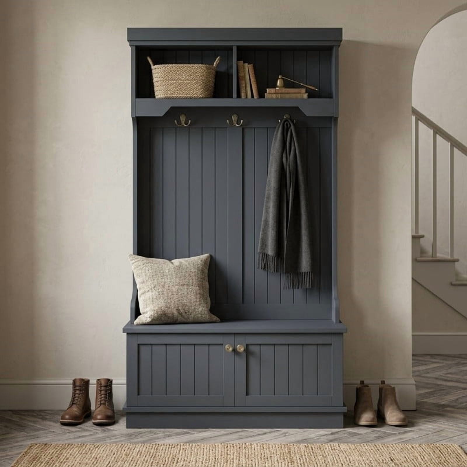 4-in-1 Hall Tree with Storage Bench, Entryway Coat Rack with Hooks, Shoe Storage Cabinet and Display Shelves, Modern Mudroom Organizer for Living Room, Hallway
