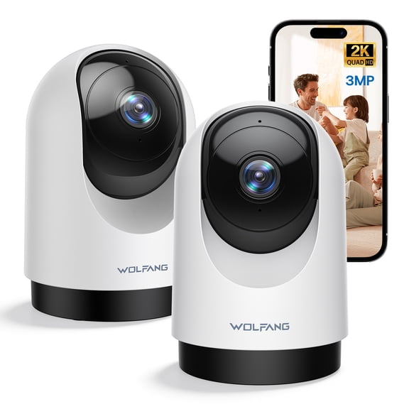 WOLFANG 2K Indoor Security Camera, Pan Tilt Pet Camera with Motion Tracking, Two-Way Audio, Night Vision, Alexa & Google Compatible, 2-pack