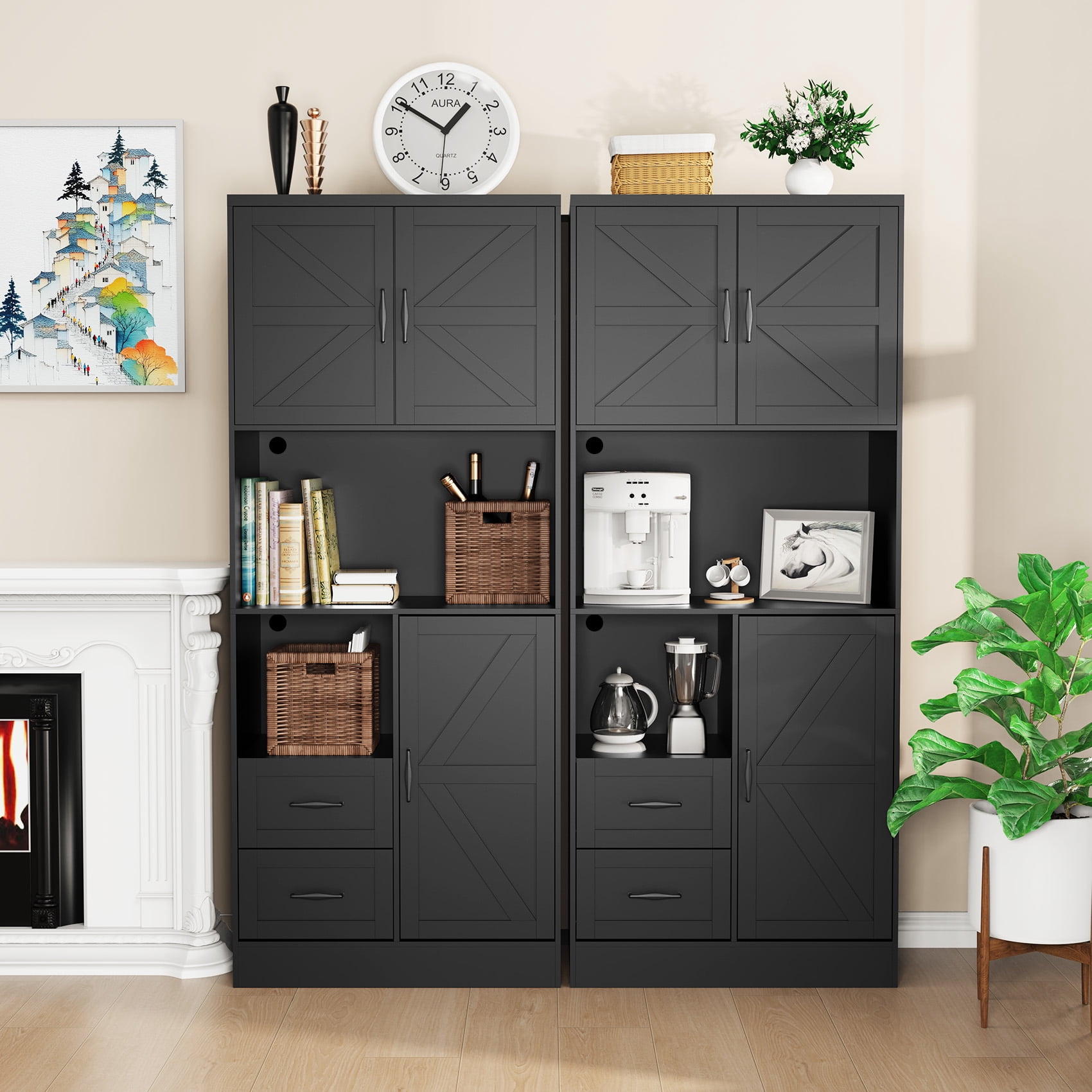Frmobepts 68" Tall Kitchen Pantry with LED Lights, Free-standing Wood Storage Cabinet with Farmhouse Barn Doors for Dining Room, Black