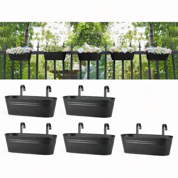 5 Pcs Metal Iron Hanging Flower Pots for Railing Fence 15.7 Inch Hanging Bucket Pots Countryside Style Window Flower Plant Holder with Detachable Hooks for Garden Yard Home Decor Black