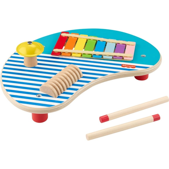 Fisher-Price Wooden Toy Musical Table with Percussion Instruments for Toddler Role Play, 3 Wood Pieces