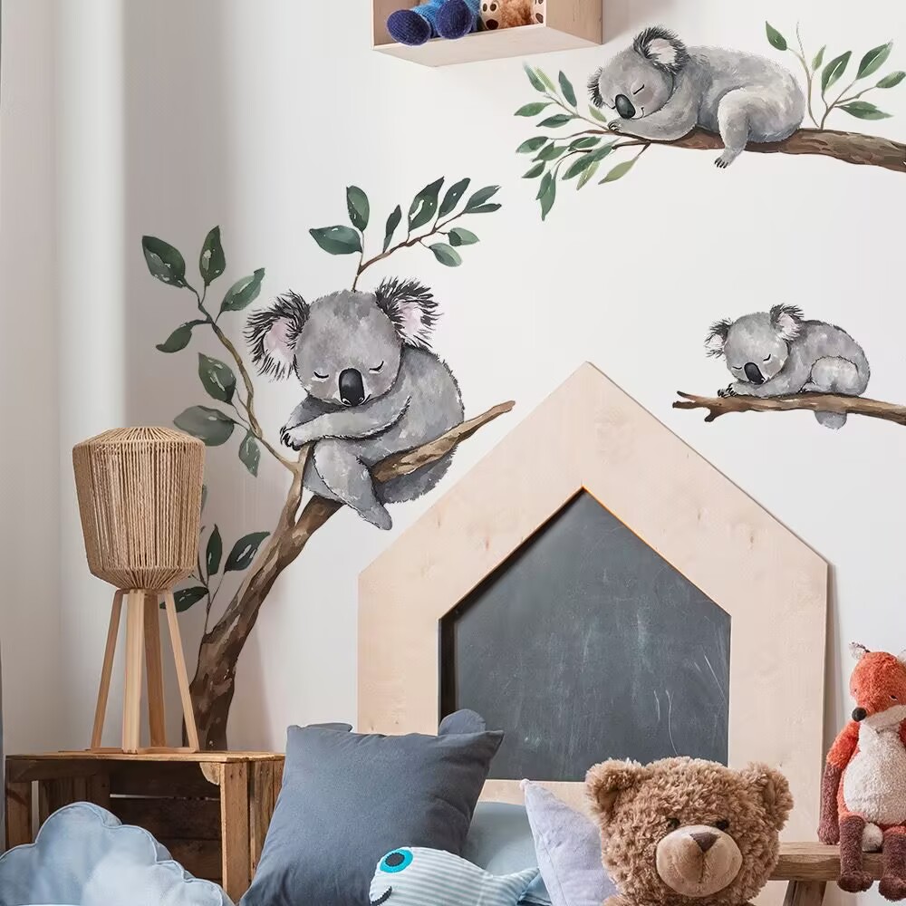 Koala tree branch decals, koala wall stickers Woodland Animal Tree Branch Wall Decals for Kids Bedroom Baby Nursery Home Decor DIY transparent stickers, bedroom, living room, TV wall, children's room