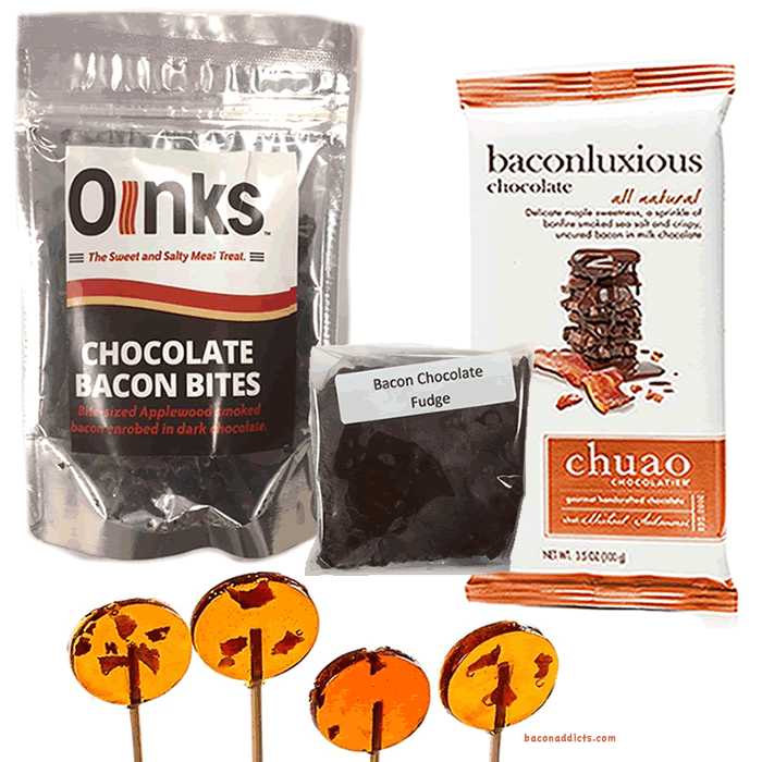 Deluxe Gourmet Bacon Candy Sampler Gift Pack (4pc Set) Bacon Fudge, Chuao Maple Bacon Milk