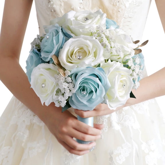 Romantic Silk Wedding Bouquet - Artificial Rose Bridal Bouquet with White Blue Flowers for Wedding Photography, Party Decor, Bride Proposal, Vase Display (Ready-to-Use)