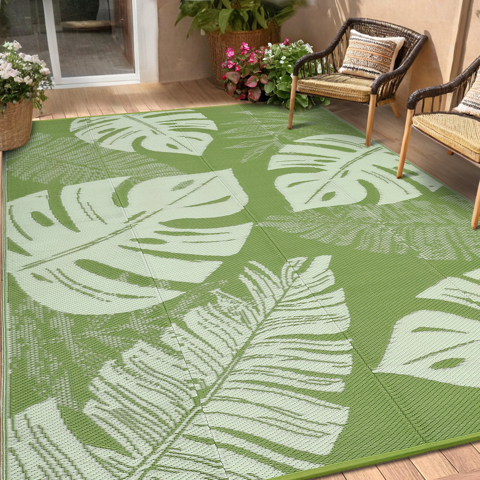 COZONY 8x10 Outdoor Rug, Reversible Waterproof Plastic Straw Patio Rug with Palm Leaf Pattern, Indoor Outdoor RV Mat for Patio Deck Balcony Camping