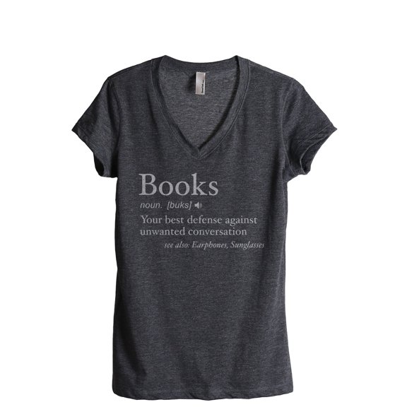 Books Definition Women's Fashion Relaxed V-Neck T-Shirt Tee Charcoal Grey Medium