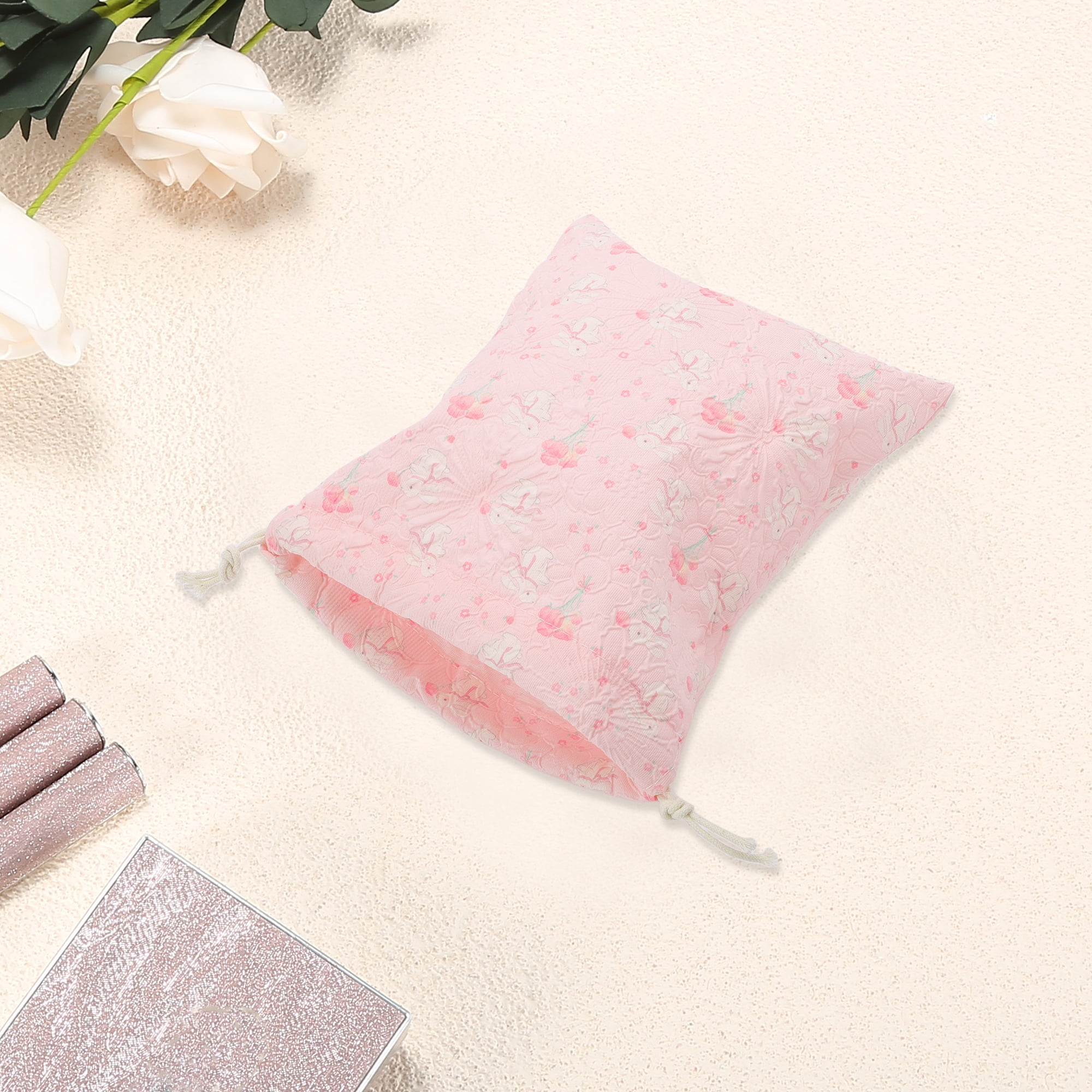 Unique Bargains 1 Pc Bouquet Rabbit Drawstring Makeup Bag for Travel Pink 7.48 in