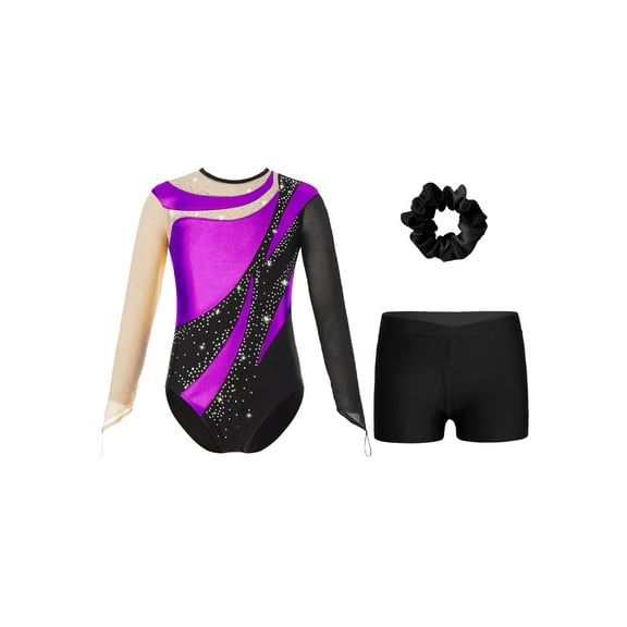 Aislor Kids Girls Gymnastics Bodysuit with Shorts Set Ballet Dance Leotard Matching Hair Scrunchie Tank Unitards Purple 12