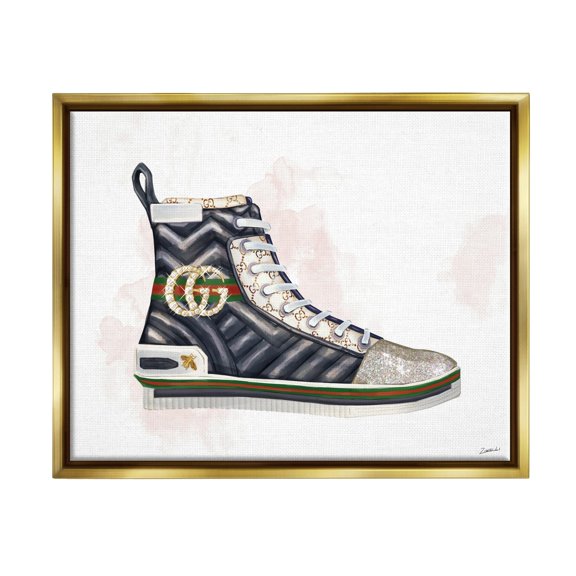Stupell Industries Fashion Forward Pleated Sneaker Designer Glam Style Metallic Gold Framed Floating Canvas Wall Art, 24x30, by Ziwei Li