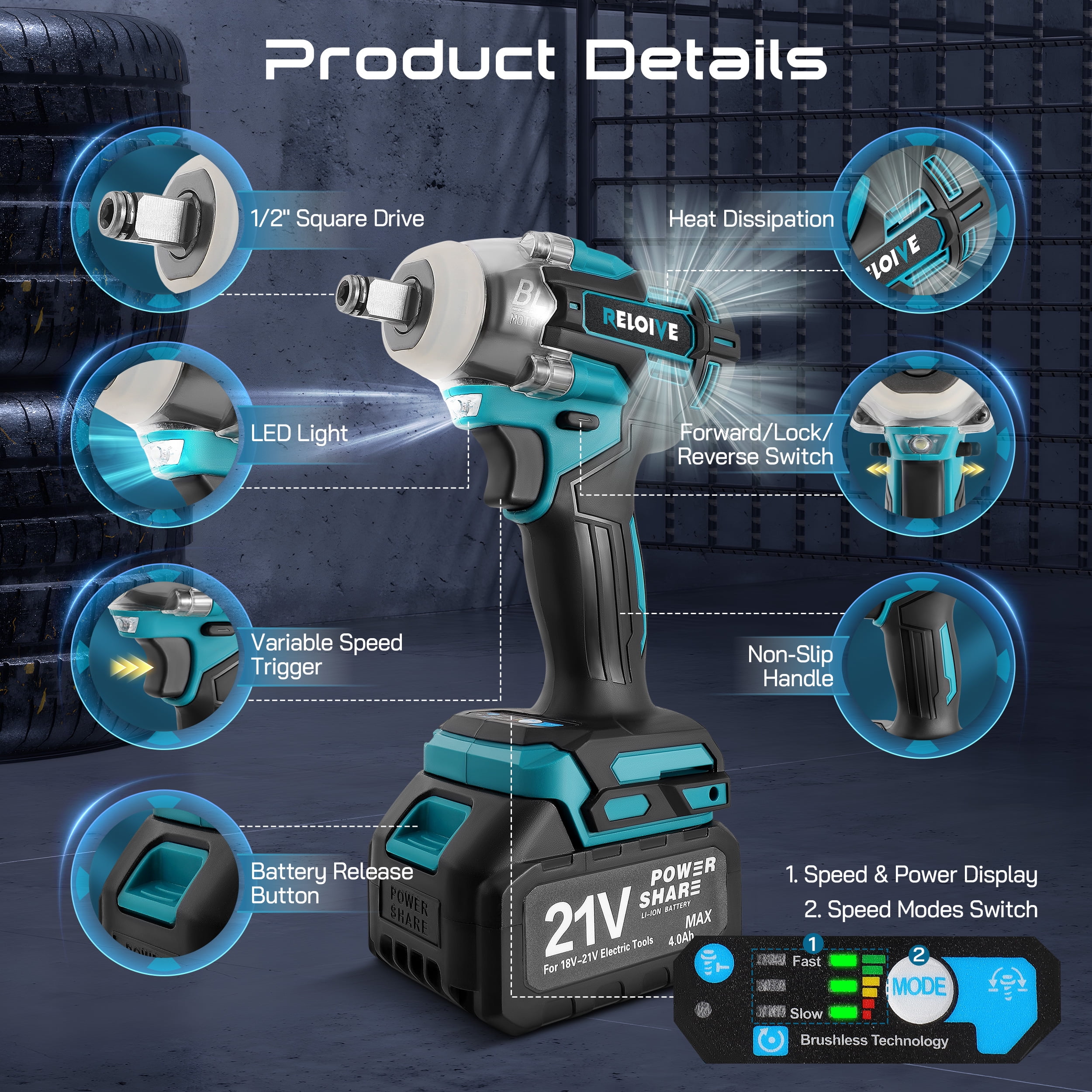 RELOIVE Cordless Impact Wrench Kit, 590 ft-lbs(800 N.m) Max Torque,1/2" Heavy-Duty Brushless Motor,2 x 4.0Ah Batteries, 2-Speed Settings with Stepless Adjustment, for Automotive, Tire, Home Repair