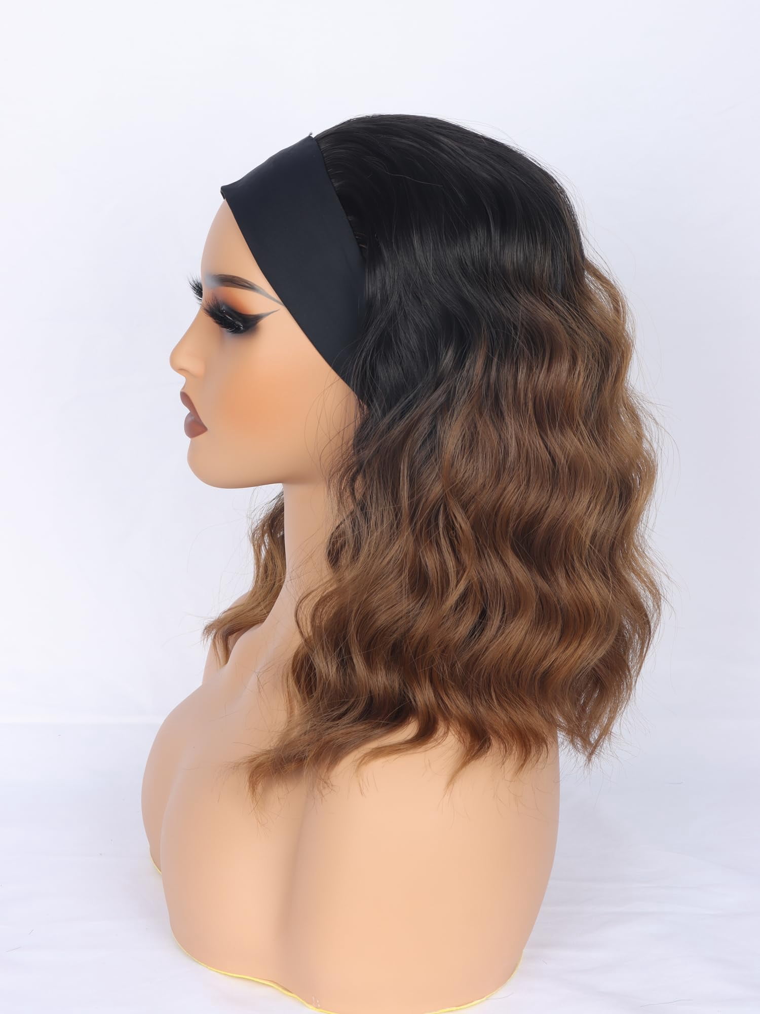 Black Headband Wigs With Brown Highlights For Women 14 Inch Wavy Heat Resistant Synthetic Soft Light Natural Looking Hair Replacement Wigs