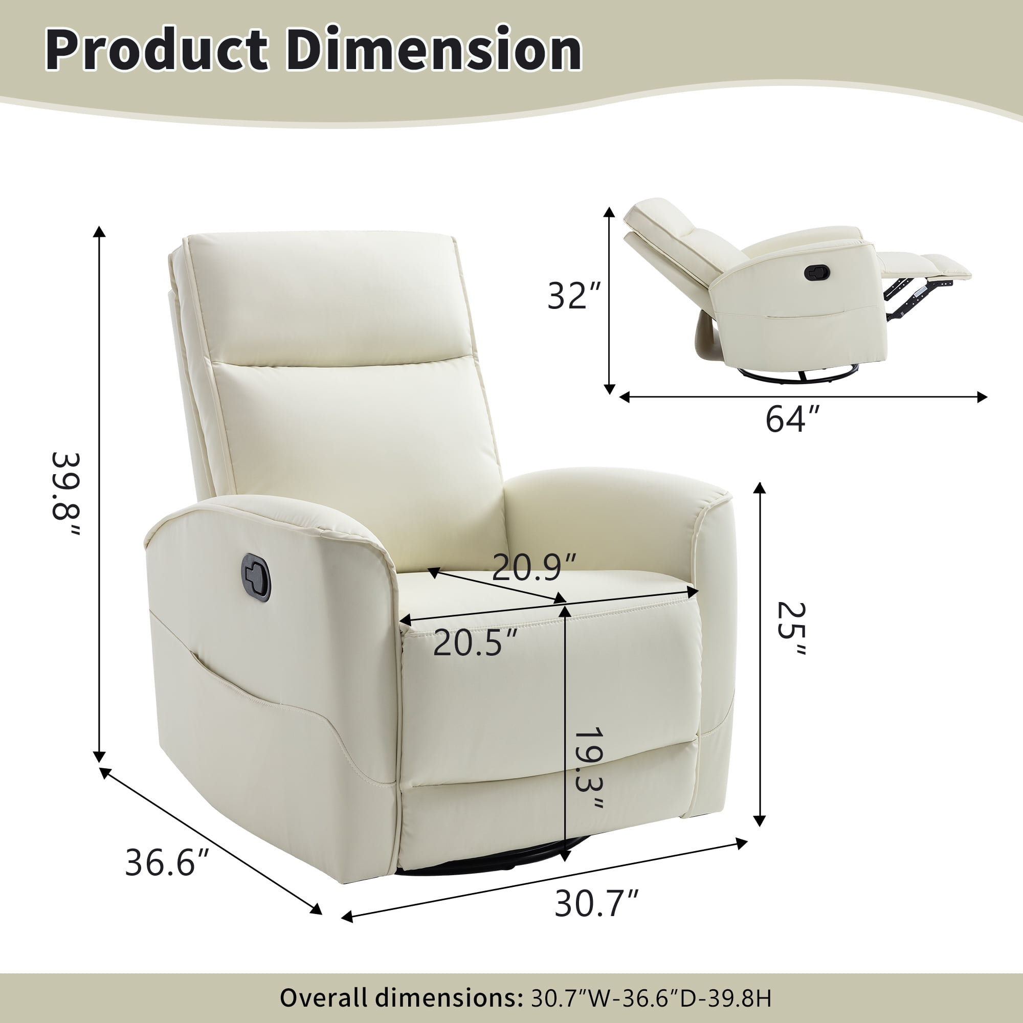 Ebello Manual PU Leather Swivel Rocker Recliner, Nursery Glider Chair with Padded Armrests & Backrest for Apartment, Living Room and Bedroom, White