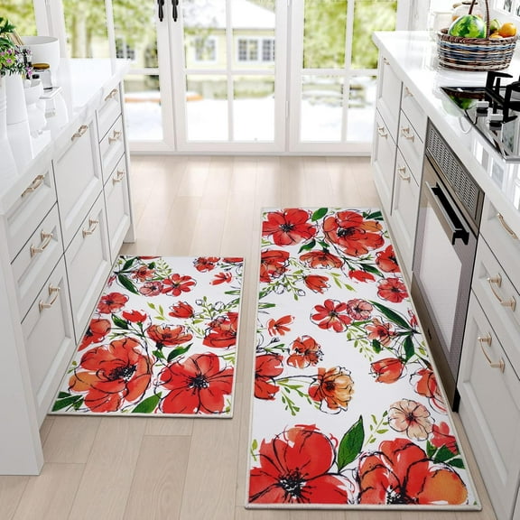 Floral Kitchen Rugs Set of 2, Water Absorbent Flowers Kitchen Mats for Floor Kitchen Runner Rug, Farmhouse Kitchen Rugs Non Slip Washable, Red Flower Kitchen Floor Mat, 20" x 32" 20" x 48"