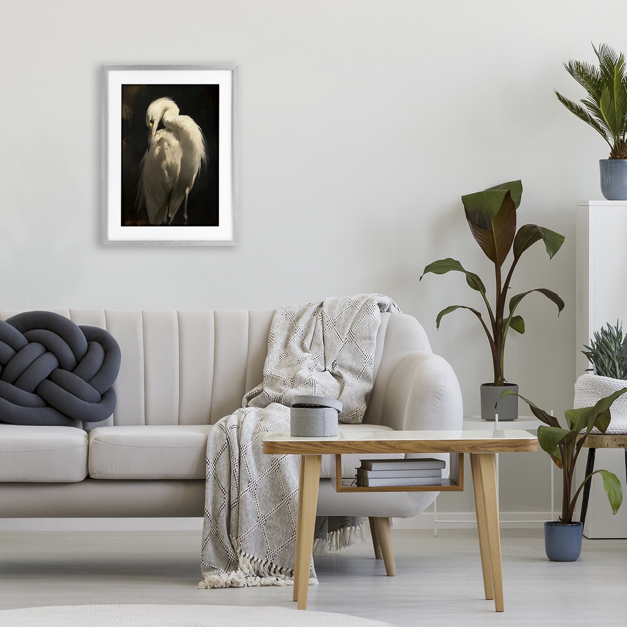 Stupell Industries Feathered Egret in Soft Light Gray Framed Print Under Glass, design by Petal Prints Design