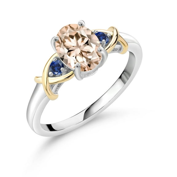 Gem Stone King 925 Silver and 10K Yellow Gold Peach Morganite and Blue Created Sapphire Ring for Women (1.09 Ct tw, Gemstone Birthstone, Size 6)