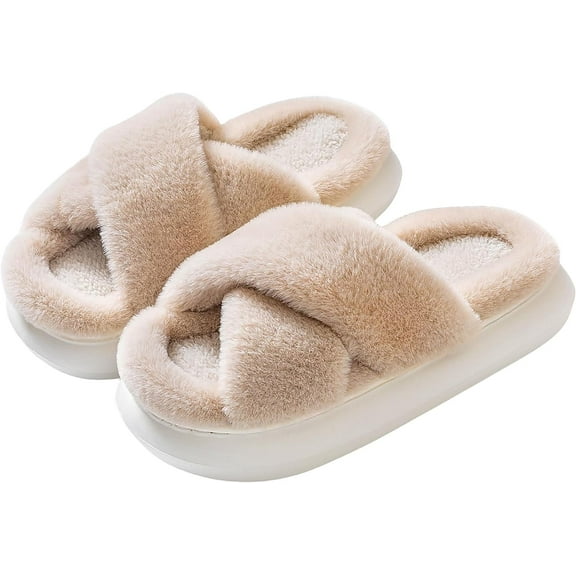 Womens Slippers Fluffy Slippers Ultra Comfy Open Toe House Slippers Memory Foam Non-slip Indoor Outdoor Slippers Fuzzy Slippers Soft Thick Sole