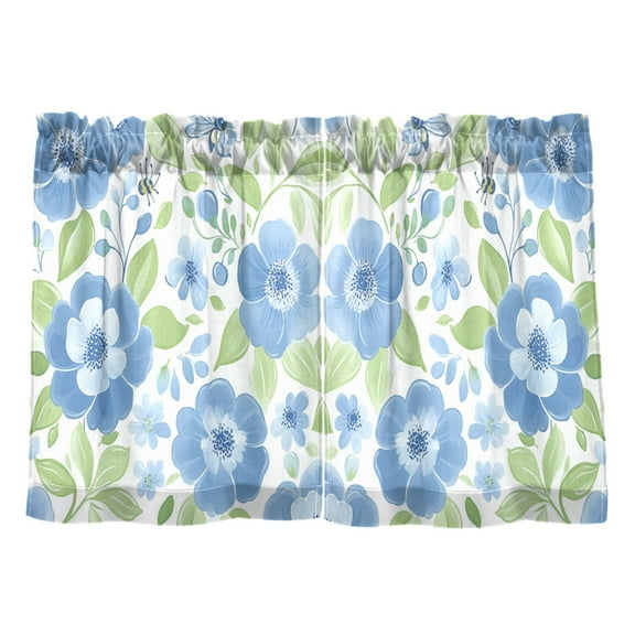 Spring Blue Floral Pattern Kitchen Curtains Tier Set 27x24 Inch 2 Panels Semi Sheer Light Filtering Privacy UV Protection