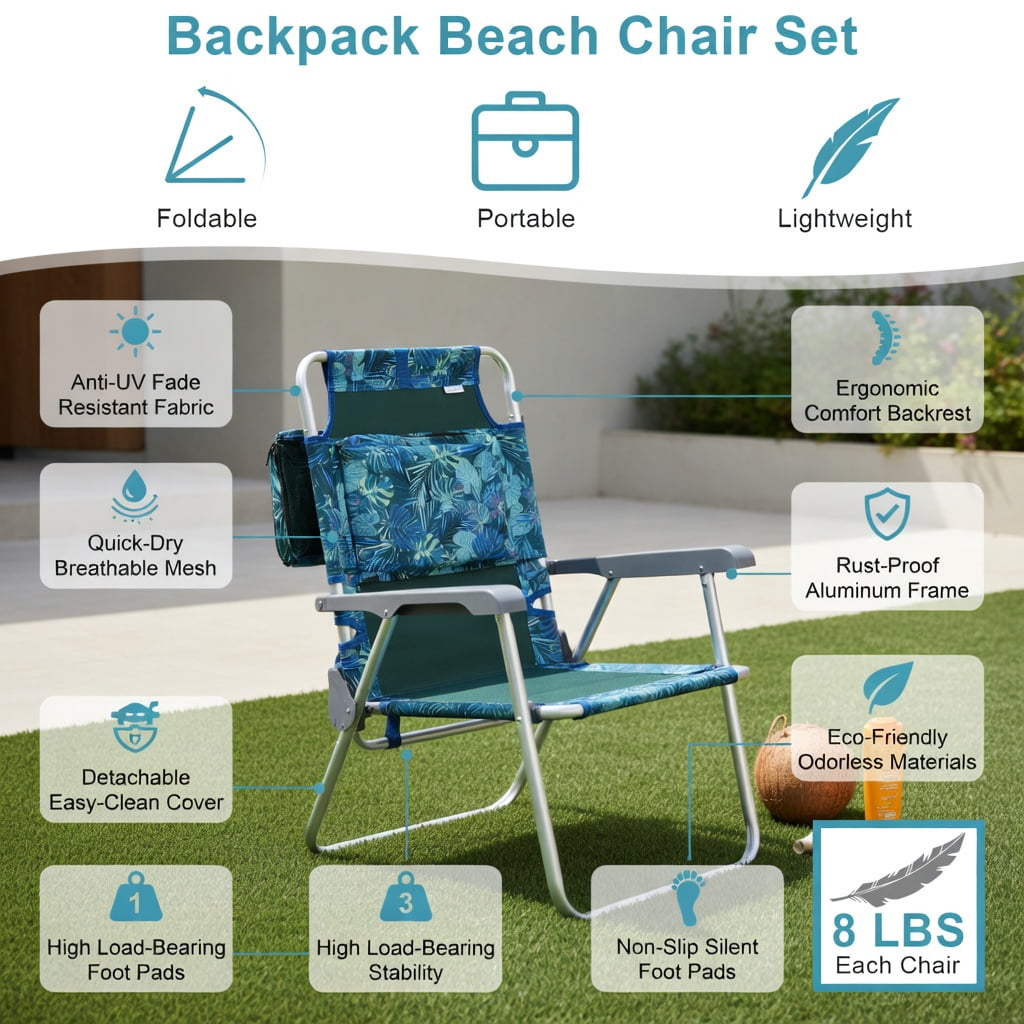 Hommoo 2-Pack Adjustable 5-Position Aluminum Beach Chair Set with Folding Side Table， Lightweight Portable Camping & Outdoor Reclining Chairs, Multicolor