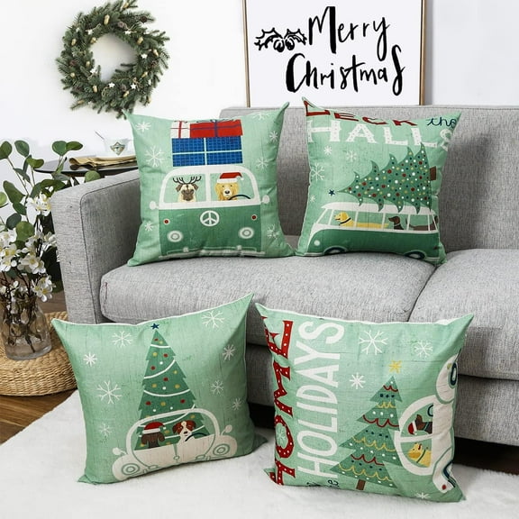 Green Christmas Tree Pillow Covers 18x18 Set of 4 Dog Christmas Pillow Cases Xmas Farmhouse Decor for Home Couch Sofa