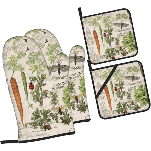 Vintage Vegetable Garden Oven Mitts and Pot Holders Sets of 4, Heat-Resistant Hot Pads Non-Slip BBQ Gloves for Kitchen Baking Cooking Grilling