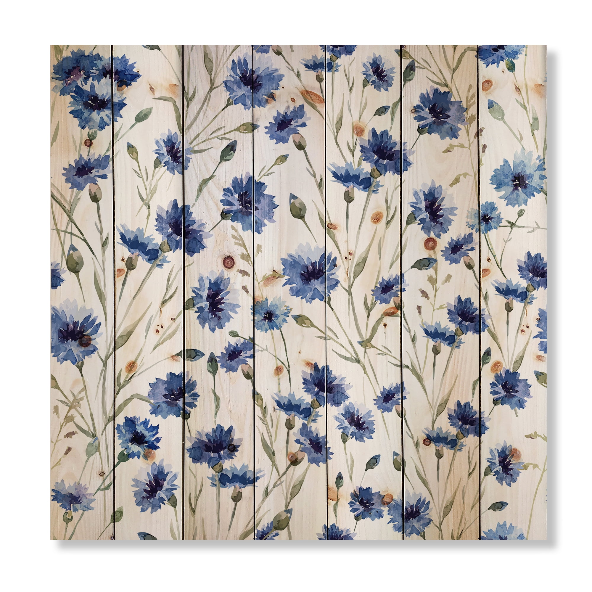 Designart 'Blue Wildflowers With Green Leaves On White' Traditional Print on Natural Pine Wood