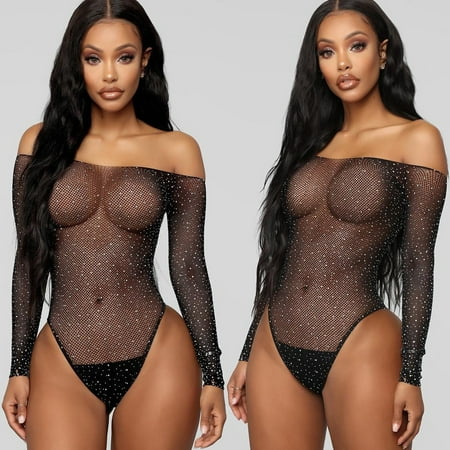 

Jiyugala Lingerie For Women Lingerie Shouder Women Bodysuit Off- Lace Black Jumpsuit Rhinestone