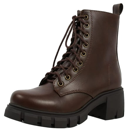 

SNJ Women Lug Sole Lace up Fashion Combat Ankle Boot w/Side Zipper