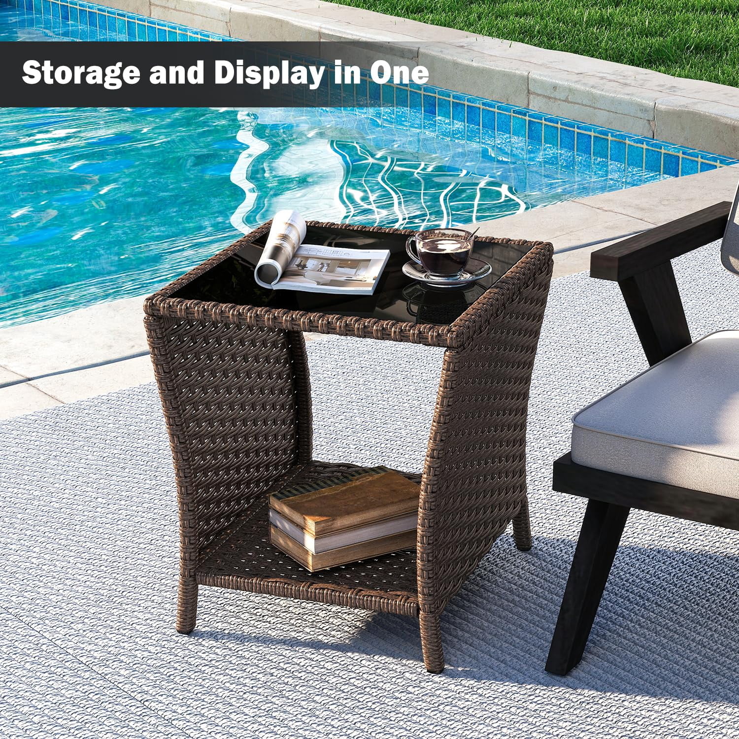 Kinsuite PE Rattan Patio Side Table - Outdoor Wicker End Table with Black Glass Top, Rattan Coffe Table in Iron Frame for Backyard Balcony Poolside, Dark Brown