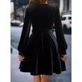 thumbnail image 3 of Women's Velvet Long Sleeve A Line Dress with Belted Silhouette Ninety Two Percent Polyester and Eight Percent Spandex, 3 of 4