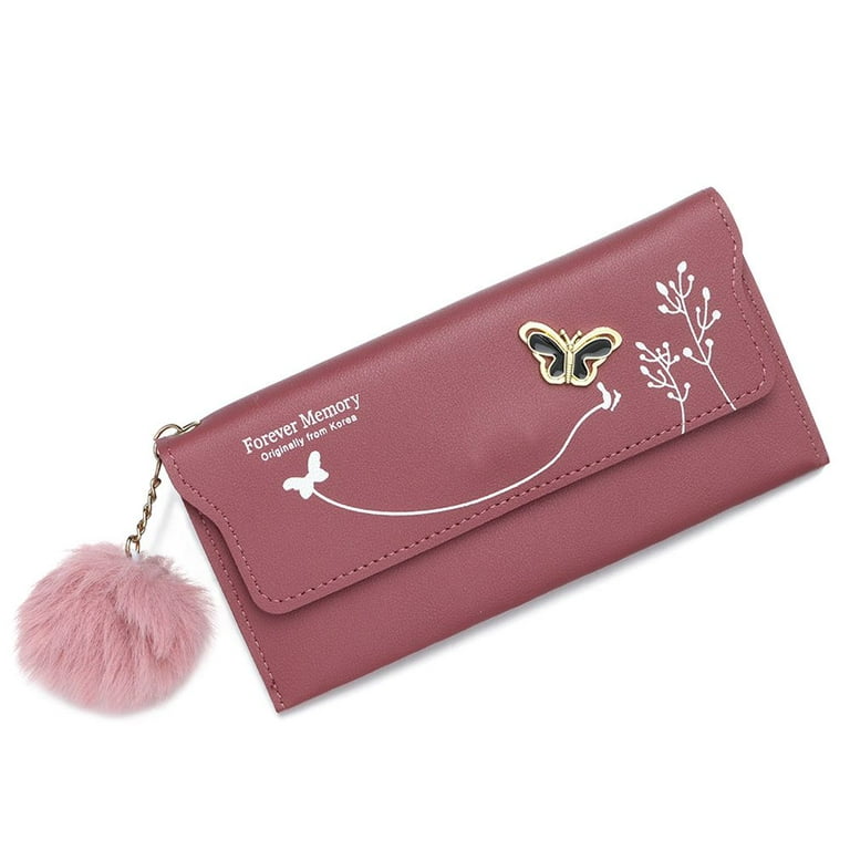 Zero Purse Hair Ball Card Bag Purses Women's Long Wallet Pu Leather Wallet  Tassel Card Holder PU Leather Clutch Money Bag ROSE RED 