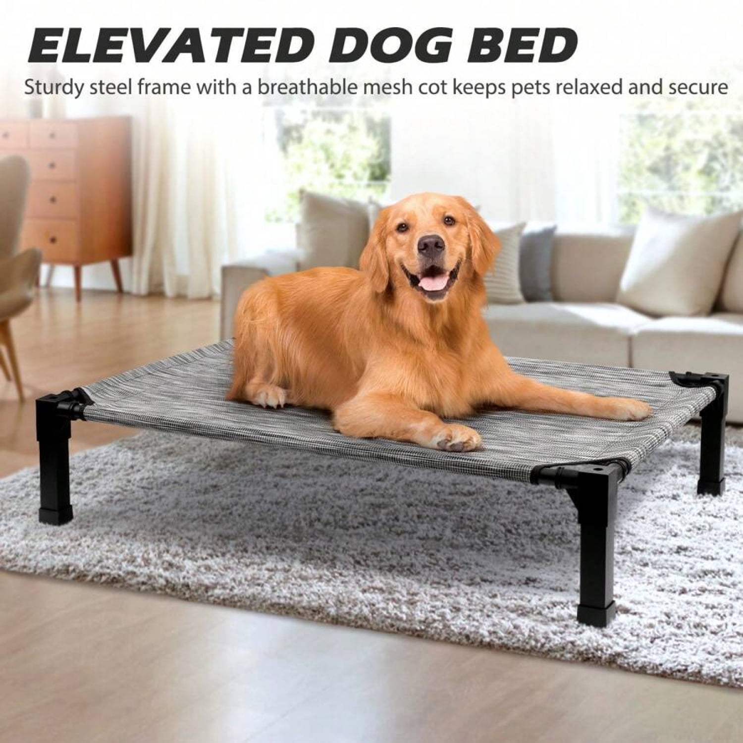 NTGFU Cooling Elevated Dog Bed, Raised Dog Bed with Washable Breathable Mesh and Metal Frame, Portable Dog Cot Bed with No-Slip Feet for Outdoor and Indoor Use,Black Silver-35'' x 25'' x 7.5''