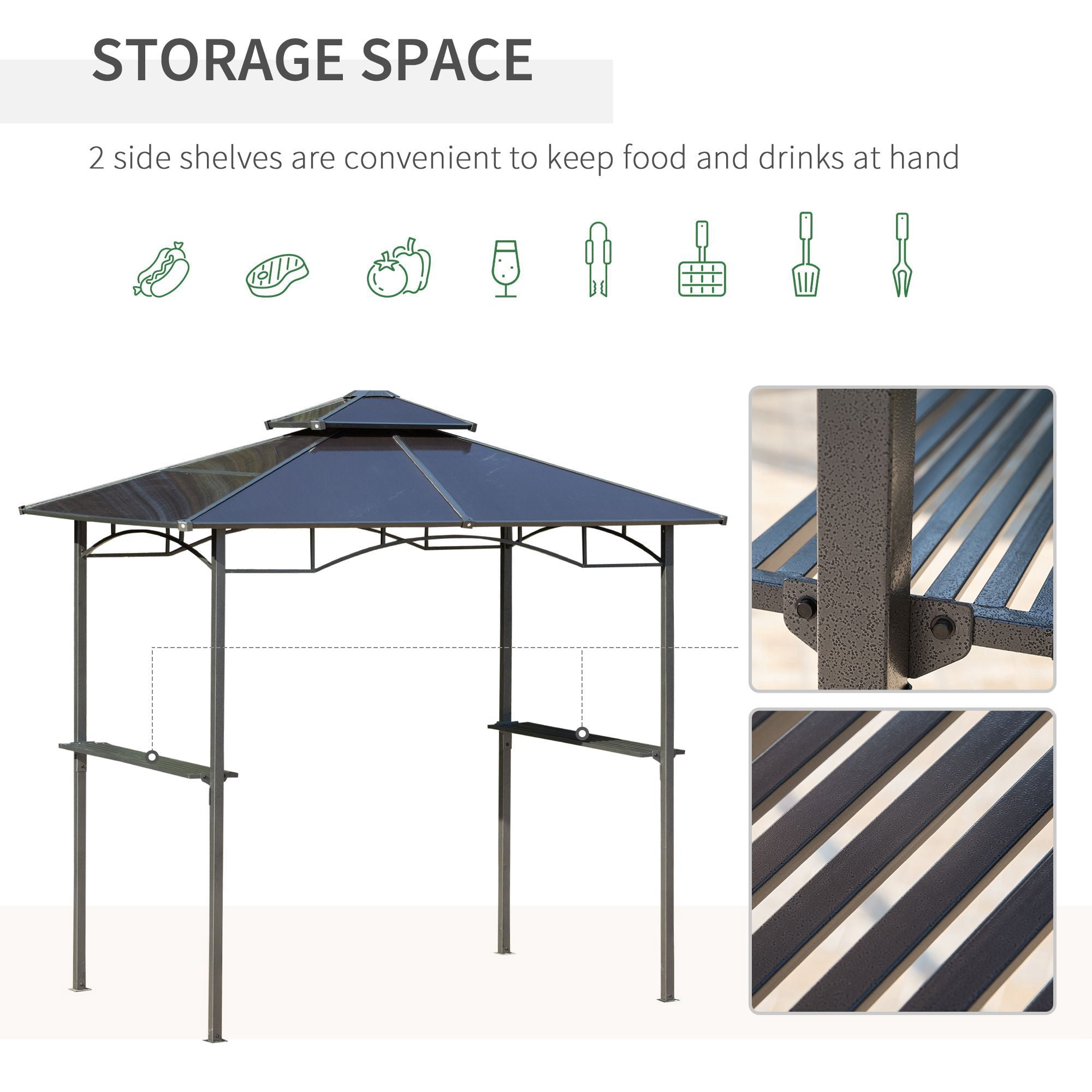 8' x 5' BBQ Gazebo, Outdoor BBQ Canopy with 2 Side Shelves, and Double Layer PC Roof, UV/Rain Resistant, Sturdy Frame, Brown