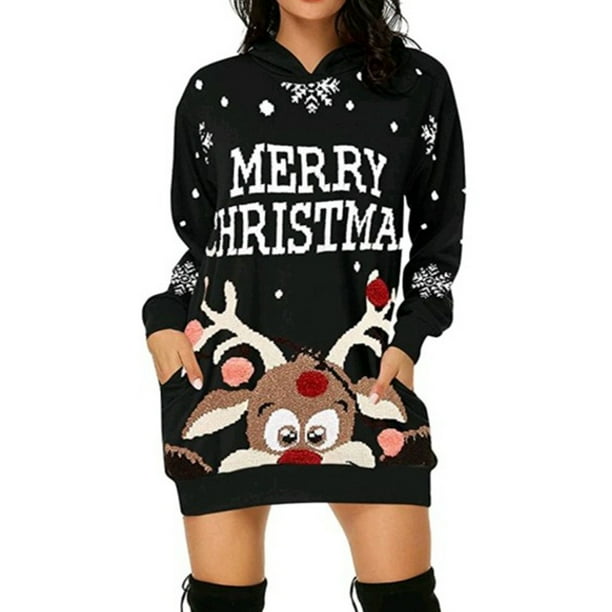 Qarigey Sudadera con capucha para mujer Sudadera con capucha de longitud media con estampado navideño Sudadera con capucha de manga larga para otoño Prendas para la parte del cuerpo Ciervo negro XXL