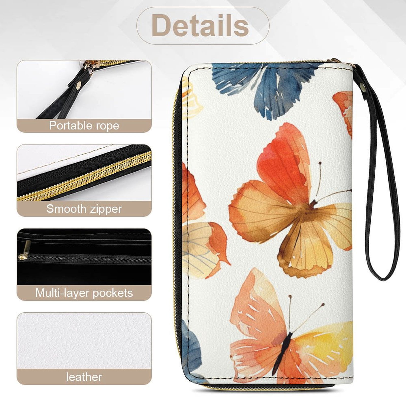 Womens Wallet Bifold Ladies Cluth Bag Wristlet Wrist Strap Long Purse Butterfly Design