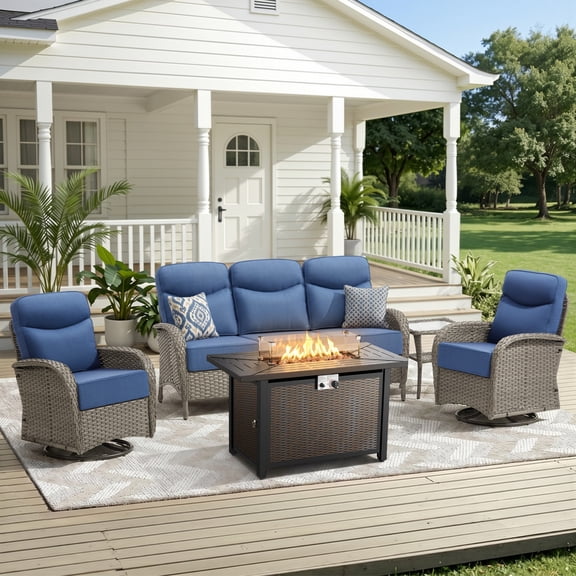 Unnifurnzi 5 Pieces Patio Furniture with Fire Pit-6'' Thick Cushions Outdoor Furniture with Swivel Rocker Chairs Outdoor Couch Wicker Patio Furniture For Deck Porch Garden Poolside-Gray/Blue