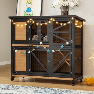 TIMHAKA 47.3" Two-Story Rabbit Cage with Wheels – Wooden Bunny Hutch for Small Animals, Indoor & Outdoor Guinea Pig Cage with 2 Removable Trays & Bottom Wire Mesh