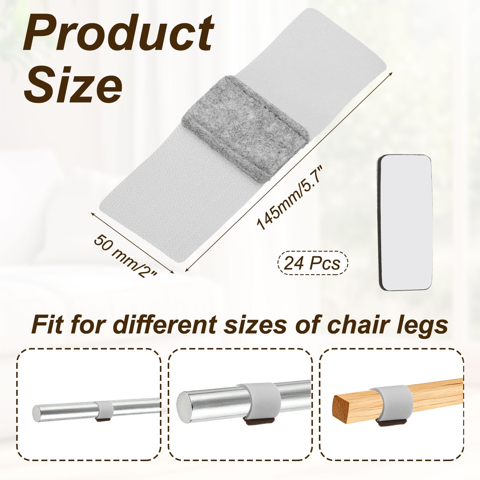 Uxcell 24Pcs Wrap-Around Felt Furniture Pads, 5.7 x 2" Chair Leg Floor Protectors with Grey Hook and Loop Fastener Bar Stool Glides Chair Bottom Protector for Hardwood Floors, Grey