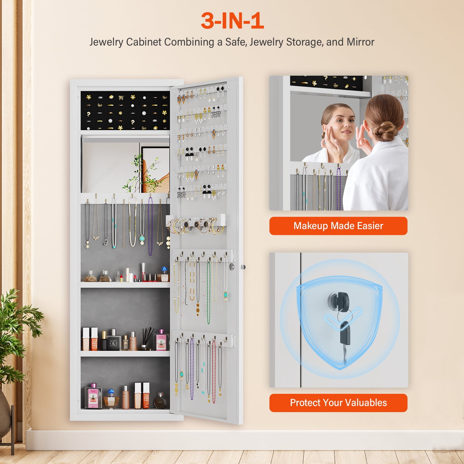 Mirror Jewelry Cabinet, 47.24" Tall Wall Mounted Jewelry Cabinet with Mirror and Light, Large Jewelry Armoire Organizer, Jewelry Storage with Lock & Adjustable Shelves (White