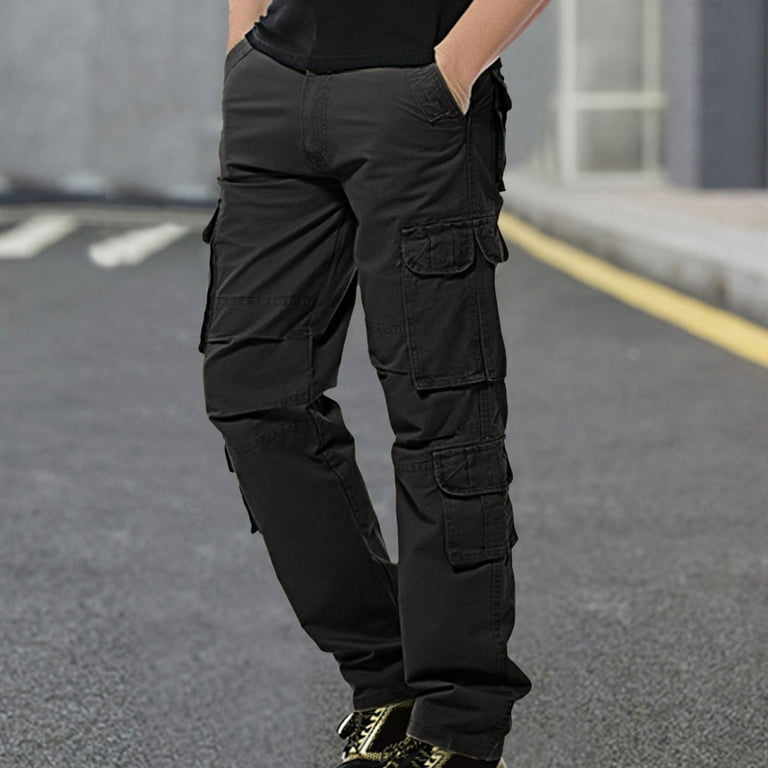 Cargo Pants for Men Mid-waist With Multi-pocket Men's Zip Fit Solid Cargo  Pants Men's pants (Black, 38) 