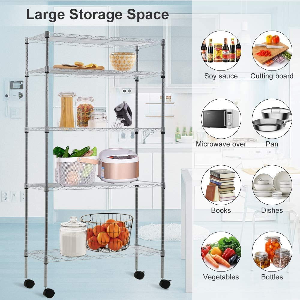 NiamVelo Storage Shelves 5-Tier Wire Shelving Unit with Wheels ,  Adjustable  Metal Shelves Heavy Duty NSF Garage Shelves  750 lbs Capacity (Chrome)