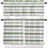 Sage Green Grey Stripe Kitchen Curtains, Farmhouse Watercolor Modern Geometric 3-Piece Kitchen Curtain Valance and Tiers Set 24 Inch Length, Rod Pocket Half Window Curtains for Cafe Living Room
