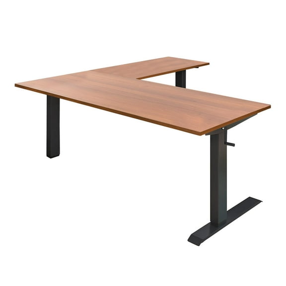 Stand Up Desk Store Crank Adjustable Height L-Shaped Standing Desk with Steel Frame (Black Frame/Teak Top, 72" Wide)