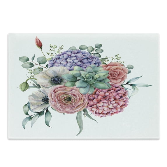 Plant Watercolor Cutting Board, Scenery of Hydrangea Bouquet Wildflowers Feminine Painting, Decorative Tempered Glass Cutting and Serving Board, in 3 Sizes, by Ambesonne