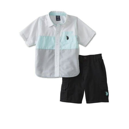 US Polo Assn Infant Boys White Teal & Gray Striped Baby Outfit Black Shorts Set
