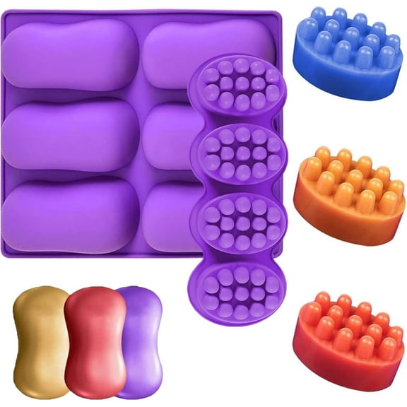 Silicone Soap Molds, different Cavities Soap Mold with Different Shapes, Perfect for Soap Making, Handmade Cake Chocolate Desserts Biscuit Pudding Teacake Jelly （2 Pack - Massage Bar）