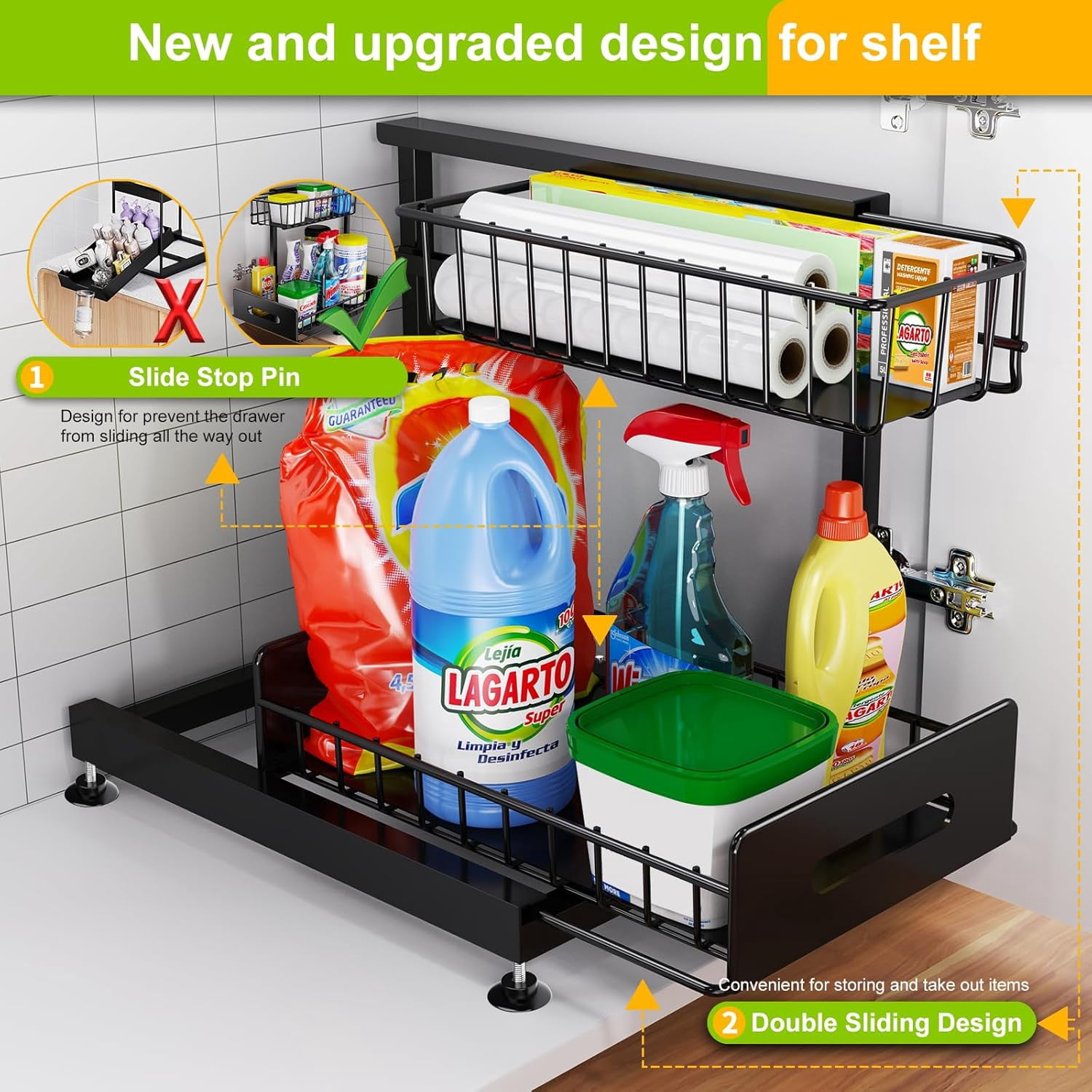 2 Pack Under Sink Organizer,Pull Out Cabinet Organizer 2 Tier Slide Out Sink Shelf Cabinet Organizer and Storage,Adjustable Under Counter Organizers for Under Kitchen Bathroom Organization