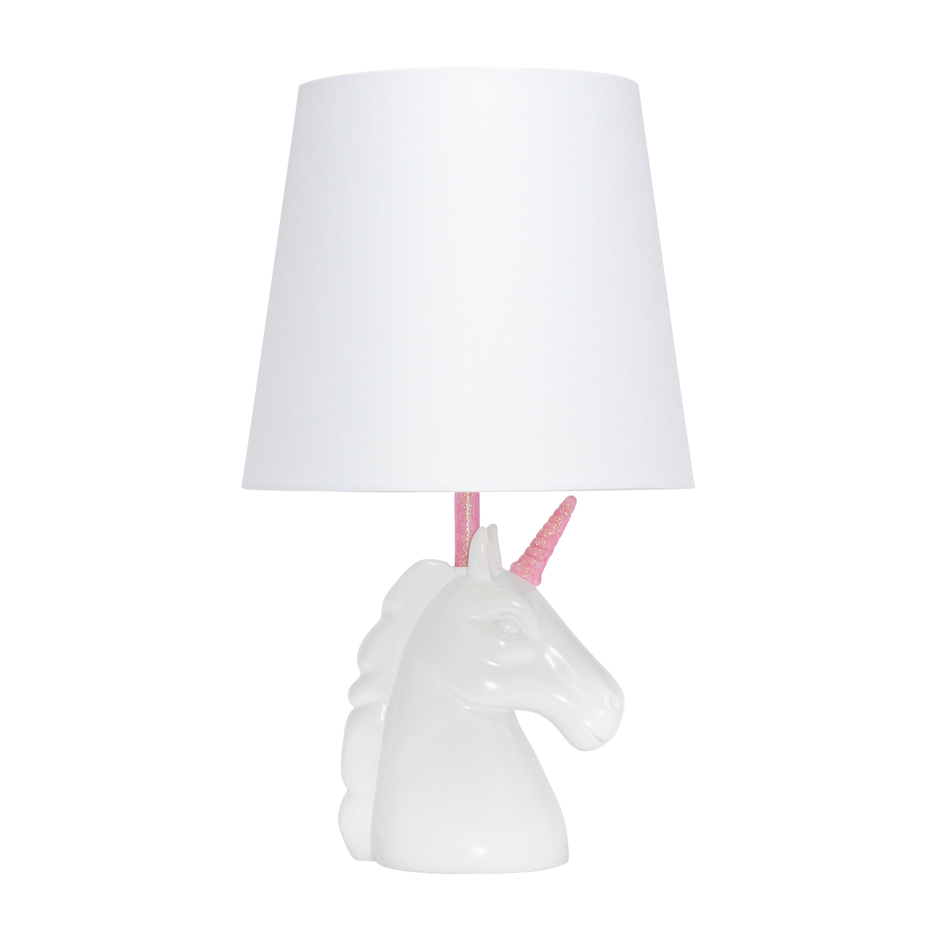 Pair Of White Ceramic Unicorn Table Lamps With Pink Lampshades LED Bulb Lighting 