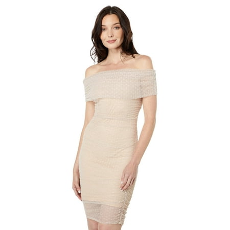 bebe Off-The-Shoulder Mesh Ruched Dress Champagne XS | Walmart Canada